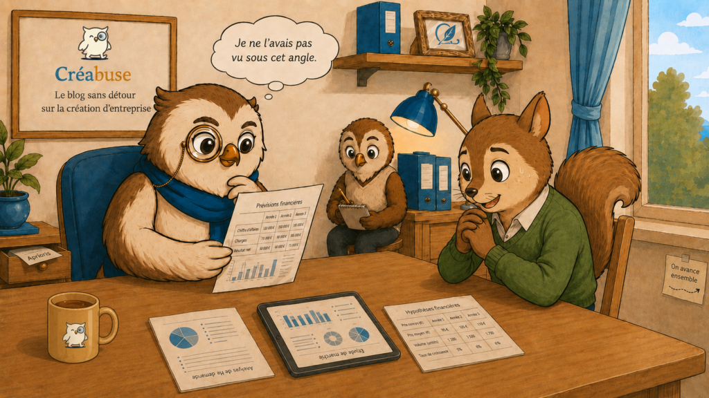 Illustration d'un entretien de conseil en création d'entreprise : un hibou conseiller et un porteur de projet écureuil autour de documents financiers.