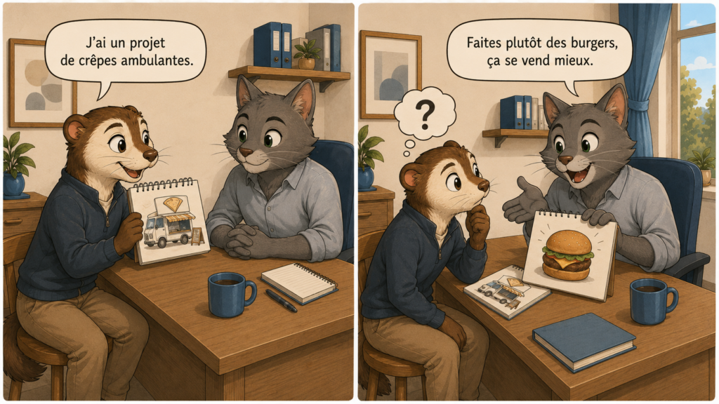 Mini-BD : un porteur de projet présente une idée de crêpes ambulantes, puis un conseiller lui propose des burgers à la place.