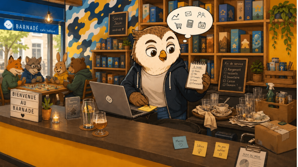 Illustration d’un café ludique chaleureux : une buse anthropomorphe en sweat à capuche gère un ordinateur derrière le comptoir, tandis que des clients jouent à un jeu de société et que la vaisselle de fin de service s’accumule à côté.