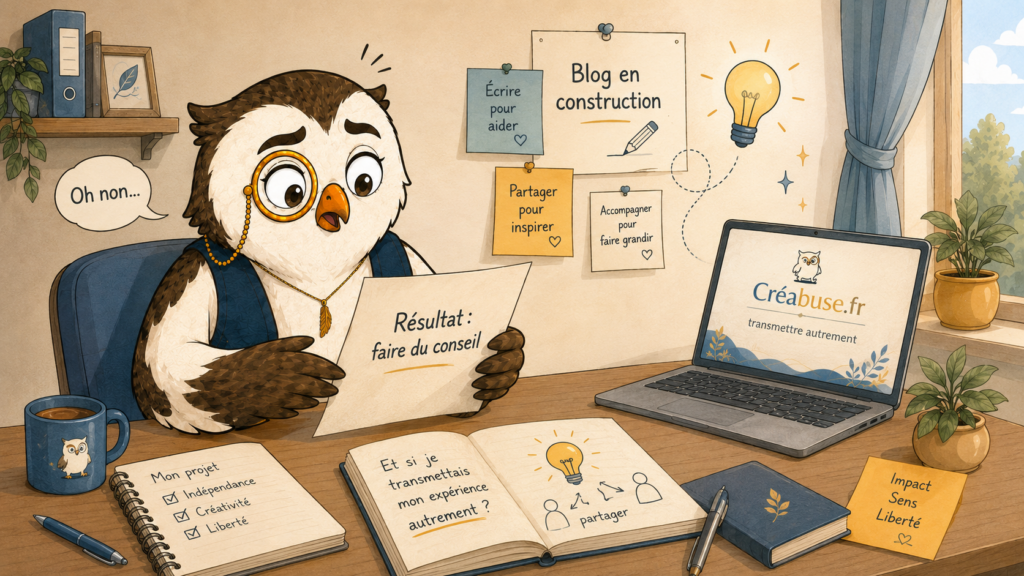 Créabuse découvre le résultat de son bilan professionnel indiquant “faire du conseil”, avant de transformer cette piste en projet de blog sur la création d’entreprise.