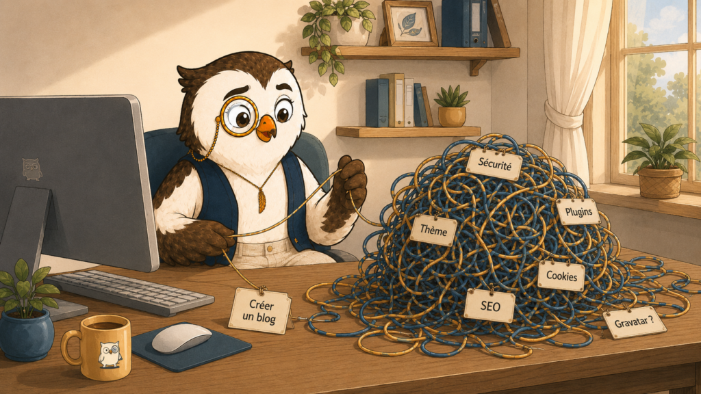 Créabuse tire le fil “Créer un blog” et découvre une pelote de réglages techniques : sécurité, plugins, thème, cookies, SEO et Gravatar.