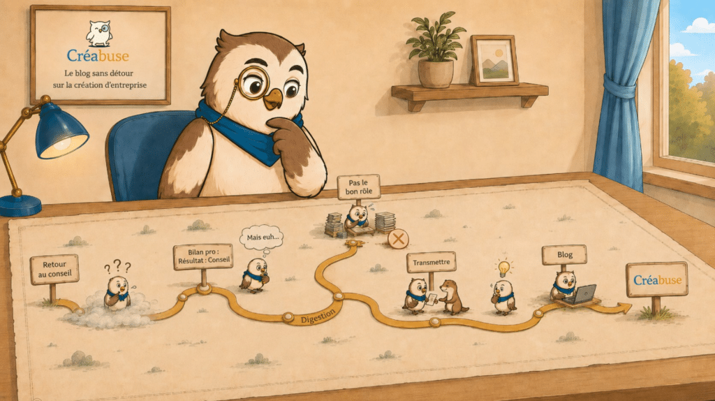 Illustration du parcours d'une conseillère en création d'entreprise : retour au conseil, bilan pro, mauvais rôle, envie de transmettre, naissance du blog Créabuse.