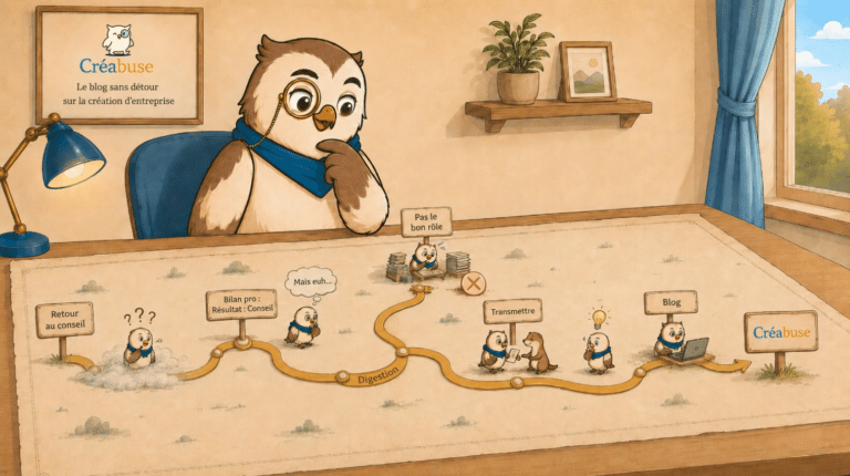 Illustration du parcours d'une conseillère en création d'entreprise : retour au conseil, bilan pro, mauvais rôle, envie de transmettre, naissance du blog Créabuse.