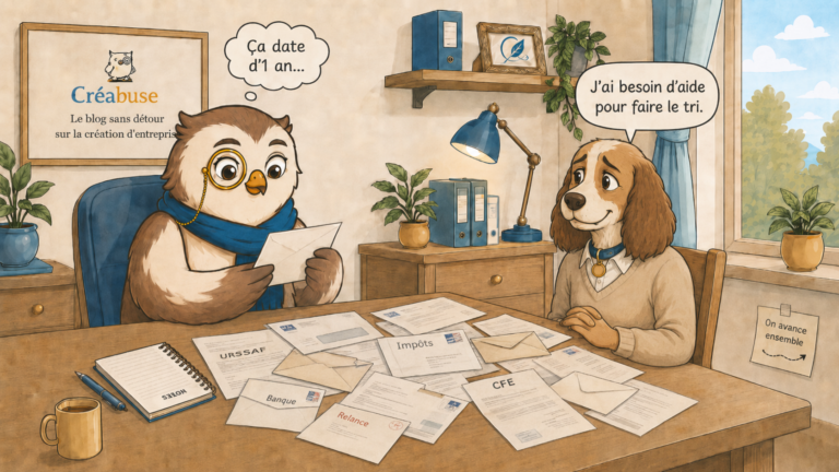 Illustration Créabuse : une buse conseillère face à un porteur de projet avec une pile de courriers administratifs éparpillés sur le bureau.