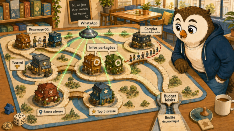 mascotte créabuse observant un plateau de jeu représentant l'entraide entre bars à jeux concurrents