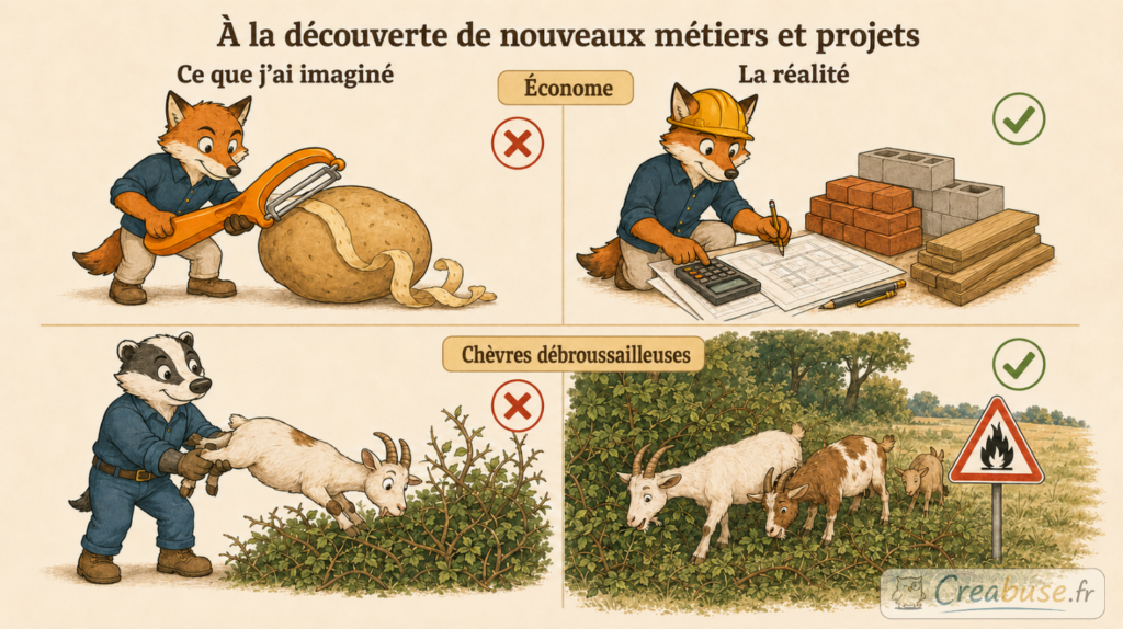 Comparaison humoristique entre un économe imaginé comme un épluche-légumes géant et le métier réel lié au calcul des matériaux, puis entre une chèvre utilisée à la main et un troupeau débroussaillant naturellement un terrain.