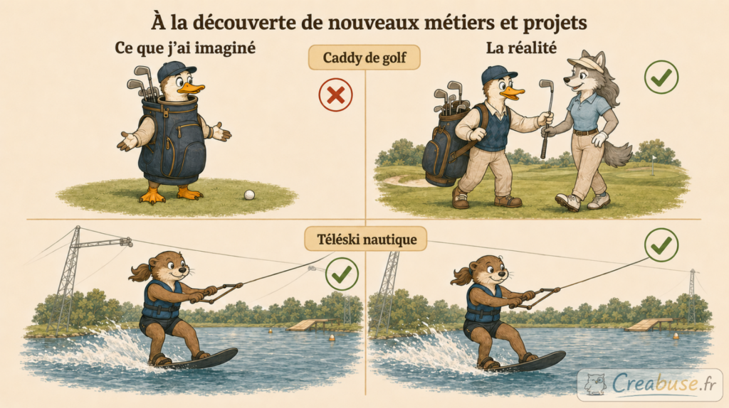 Comparaison humoristique entre un caddy de golf imaginé comme un personnage au corps de sac et le véritable assistant d’une golfeuse. Pour le téléski nautique, l’image imaginée correspond à la réalité.