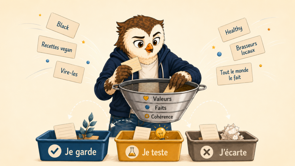 Créabuse trie des conseils d’entrepreneuriat à l’aide d’un filtre valeurs, faits et cohérence, pour décider quoi garder, tester ou écarter.