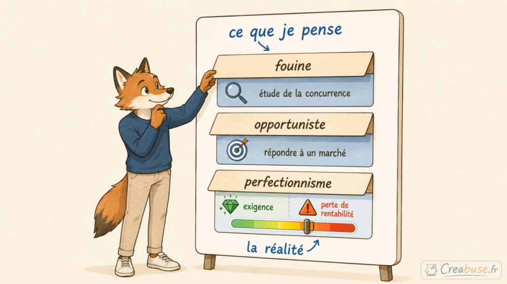 Illustration éditoriale montrant un porteur de projet qui soulève trois étiquettes représentant des défauts supposés. Sous « fouine » apparaît « étude de la concurrence », sous « opportuniste » apparaît « répondre à un marché », et sous « perfectionnisme » un curseur montre le passage de l’exigence à la perte de rentabilité. Le visuel illustre la manière dont certains défauts peuvent devenir des qualités entrepreneuriales, tout en montrant qu’un excès peut aussi nuire au projet.