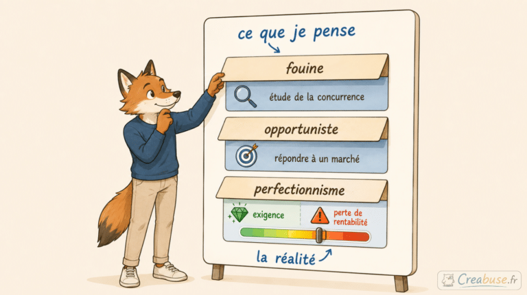 Illustration éditoriale montrant un porteur de projet qui soulève trois étiquettes représentant des défauts supposés. Sous « fouine » apparaît « étude de la concurrence », sous « opportuniste » apparaît « répondre à un marché », et sous « perfectionnisme » un curseur montre le passage de l’exigence à la perte de rentabilité. Le visuel illustre la manière dont certains défauts peuvent devenir des qualités entrepreneuriales, tout en montrant qu’un excès peut aussi nuire au projet.