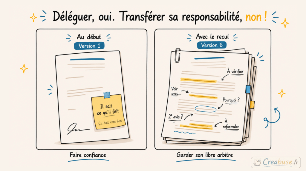 Illustration comparant un document signé dès la version 1 par confiance et une version 6 annotée, relue et corrigée, pour rappeler qu’un entrepreneur peut déléguer une tâche sans transférer sa responsabilité ni renoncer à son libre arbitre.