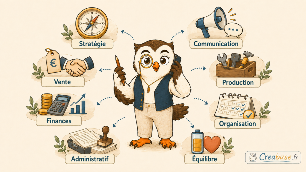 Illustration Créabuse d’un chef d’entreprise représenté par une chouette multitâche entourée de huit rôles clés : stratégie, communication, vente, production, organisation, finances, administratif et équilibre, pour illustrer la polyvalence et les responsabilités de l’entrepreneur.