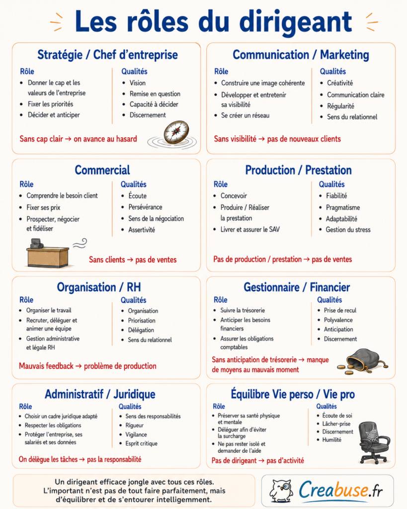 Visuel récapitulatif des rôles du dirigeant : stratégie, communication, commercial, production, organisation, finances, administratif et équilibre vie professionnelle / vie personnelle, avec pour chaque fonction les principales missions, les qualités utiles et les conséquences possibles lorsqu’elle est négligée.