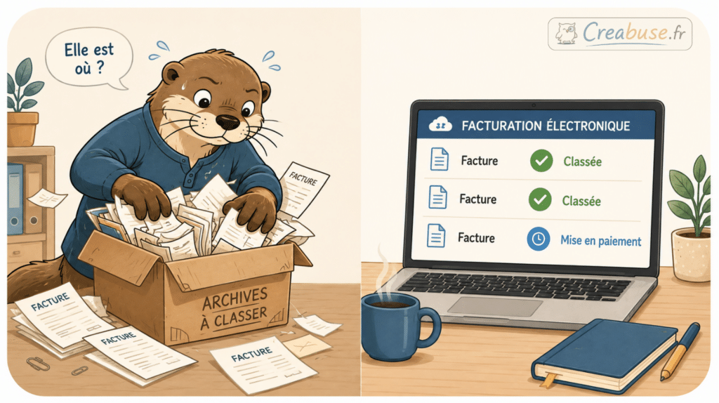 Illustration comparant la gestion papier et la facturation électronique : à gauche, une loutre entrepreneur cherche une facture dans une boîte d’archives ; à droite, un ordinateur affiche des factures classées et une facture mise en paiement.