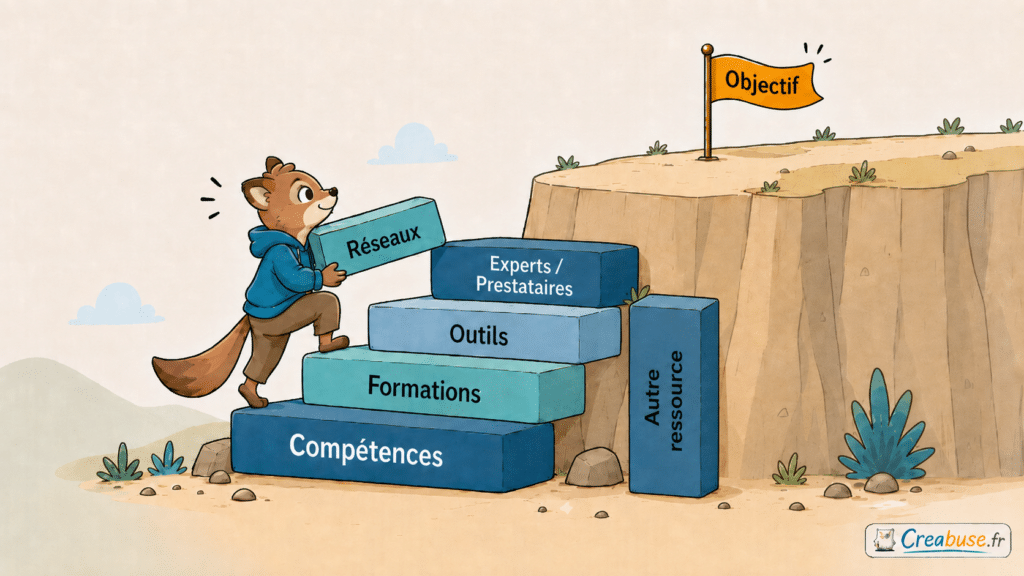 Illustration d’un entrepreneur qui gravit des marches en construisant un escalier à l’aide de blocs représentant ses compétences, formations, outils, experts, prestataires et réseaux pour atteindre son objectif.