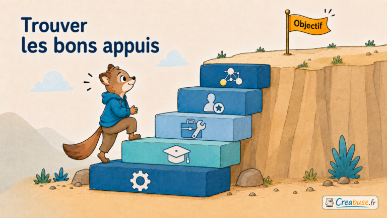 Trouver les bons appuis pour entreprendre : un porteur de projet avance vers son objectif grâce aux compétences, formations, outils, professionnels et réseaux disponibles.