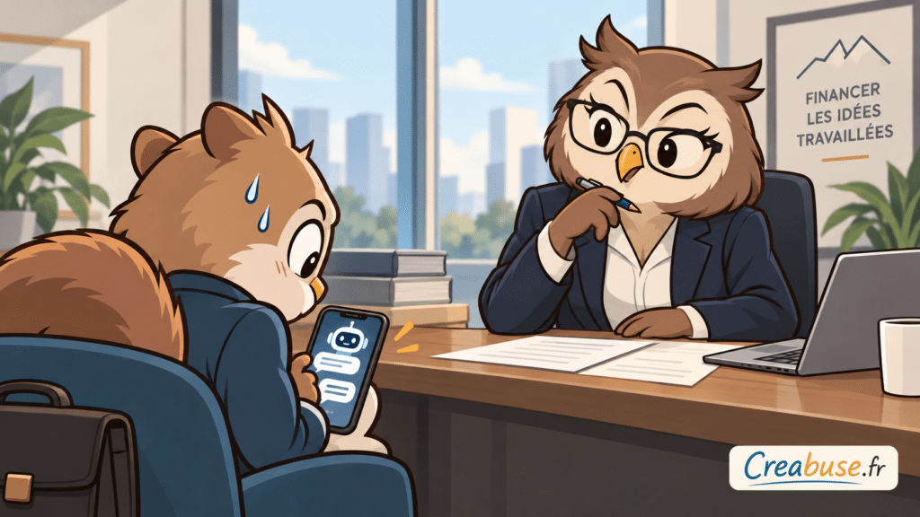 Un porteur de projet animal, en rendez-vous avec une banquière, consulte discrètement son téléphone pour demander à l’IA comment répondre aux questions qui lui sont posées. L’image montre la limite d’un business construit trop largement par une intelligence artificielle : disposer de réponses ou de documents prêts ne signifie pas forcément comprendre son marché, ses chiffres, ses choix ou les risques de son projet. Le visuel illustre la nécessité de garder la maîtrise de son entreprise et d’utiliser l’IA comme un outil d’aide, pas comme un substitut à la réflexion et à la décision.