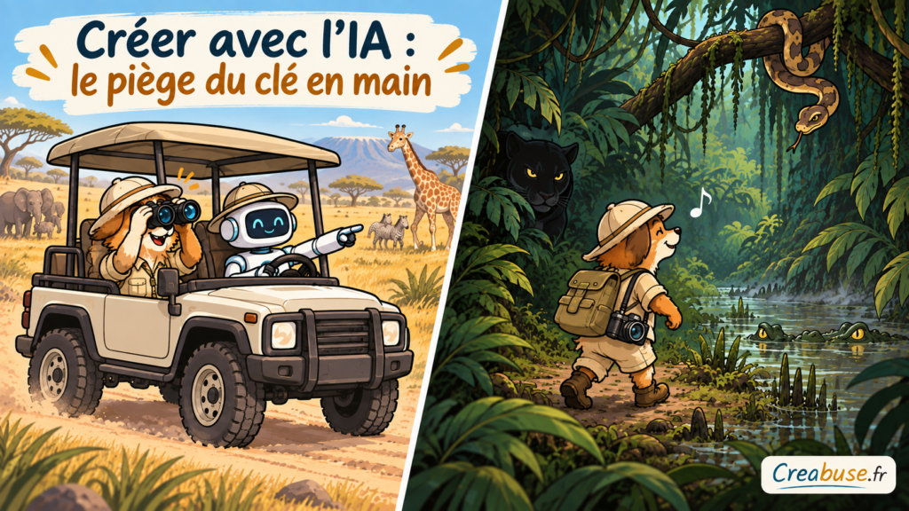 Un porteur de projet animal profite d’abord d’un safari très encadré, conduit par un petit robot, avant de se retrouver seul dans une jungle où plusieurs dangers sont présents sans qu’il les voie. L’image illustre le risque d’une création d’entreprise trop assistée par l’IA : lorsque tout est prémâché au départ, on peut avancer sans avoir appris à repérer les risques, les incohérences et les points de vigilance du projet. Le visuel traduit l’idée qu’utiliser l’IA efficacement suppose de comprendre ce qu’elle fait, de garder un regard critique et de rester capable d’analyser les décisions.